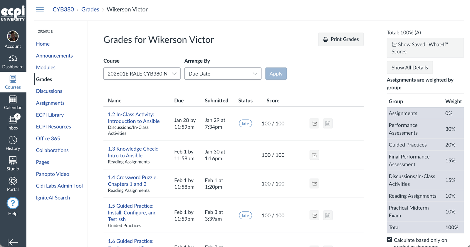 Canvas gradebook screenshot showing 100%