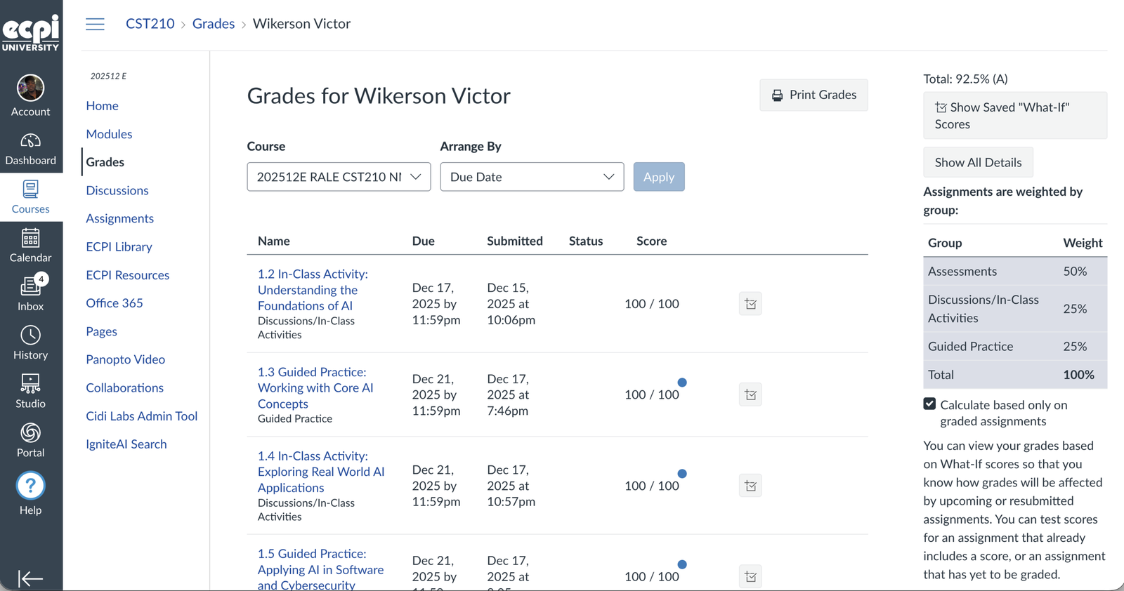 Canvas gradebook screenshot showing 92.50%