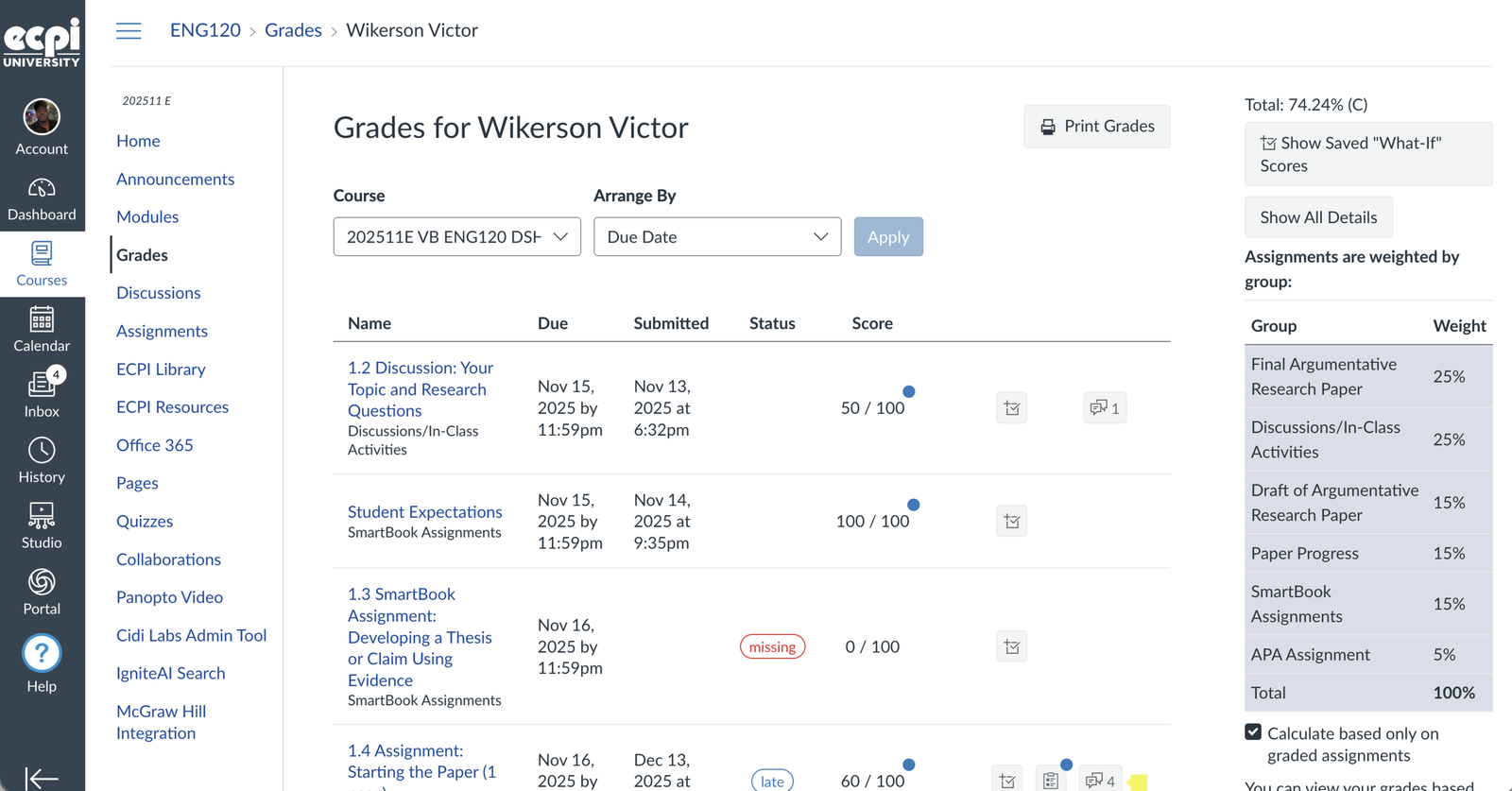 Canvas gradebook screenshot showing 74.24%