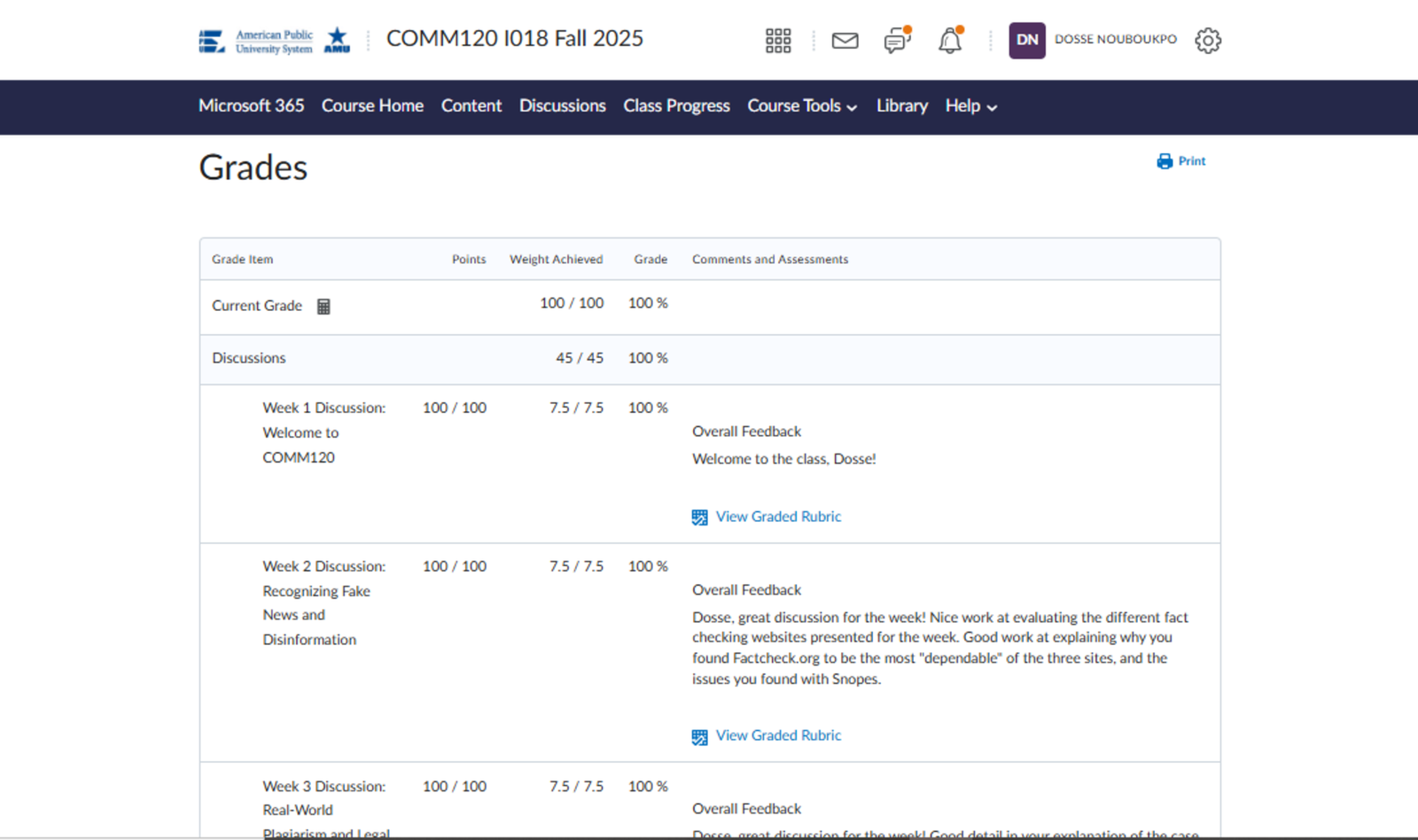 Canvas gradebook screenshot showing 100%